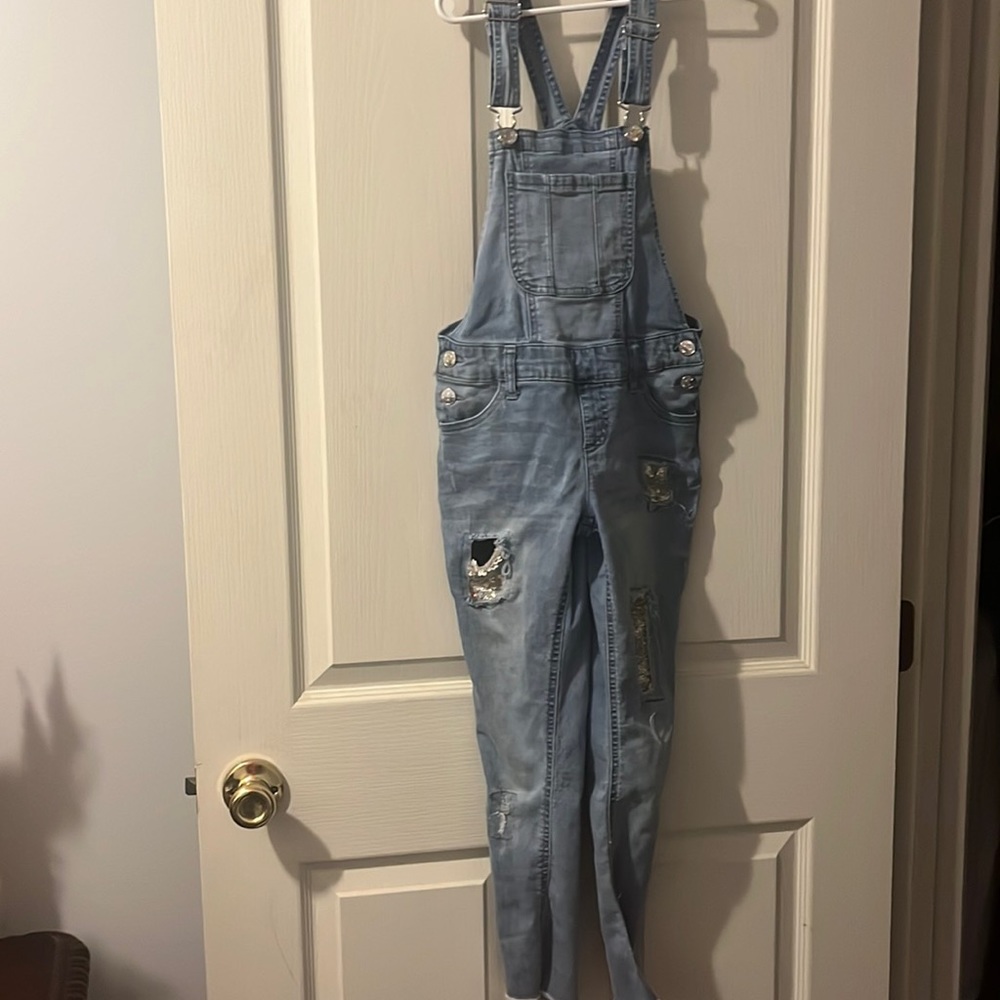 Justice Denim Overall Distressed with glitter patches size 10